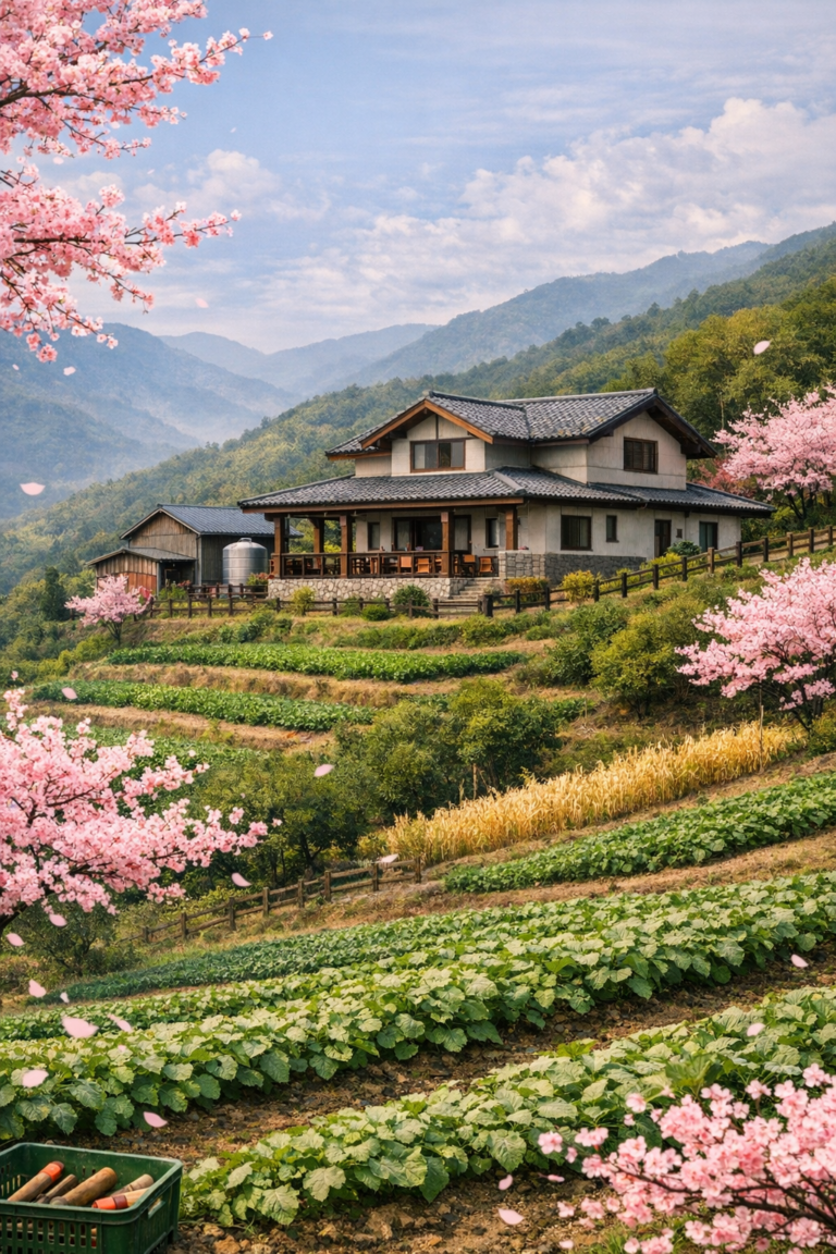 台灣風格山坡農舍與櫻花景象 768x1152